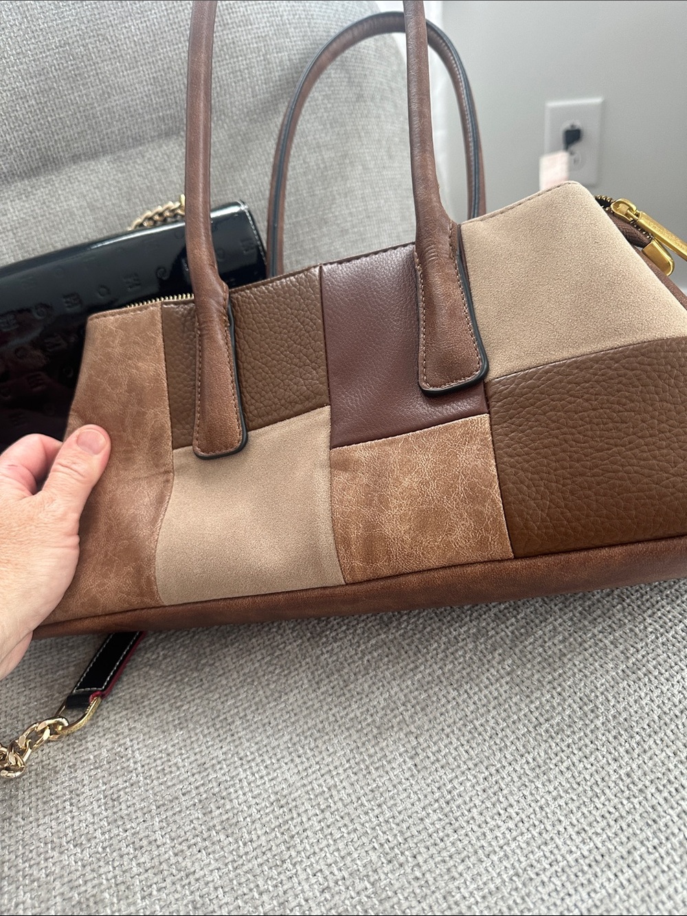 Patchwork Brown Leather Satchel - Women Bags